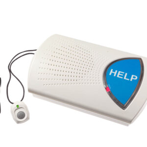 Response Alert SureLink base unit with large blue HELP button, wrist and neck pendants shown alongside.